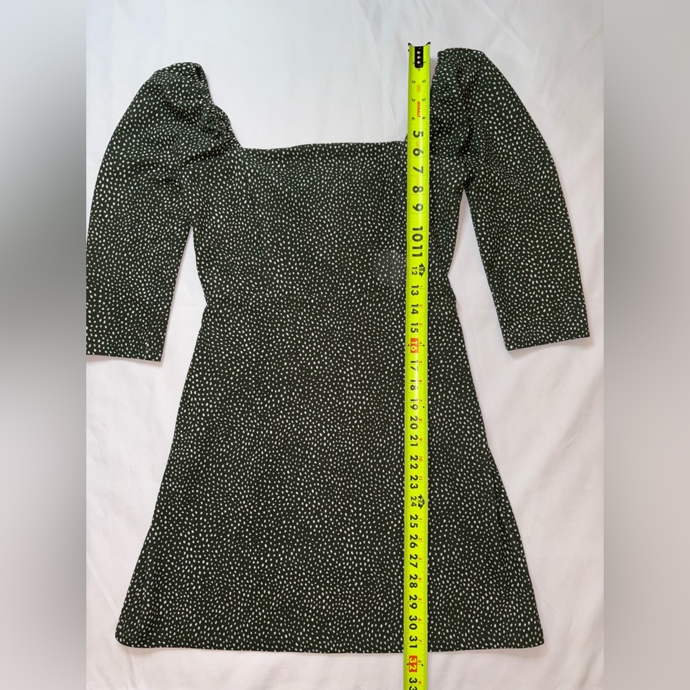 Leith Size M Green & White Square Neck Half Sleeve Boho Spring Mini Dress - Picture 4 of 9